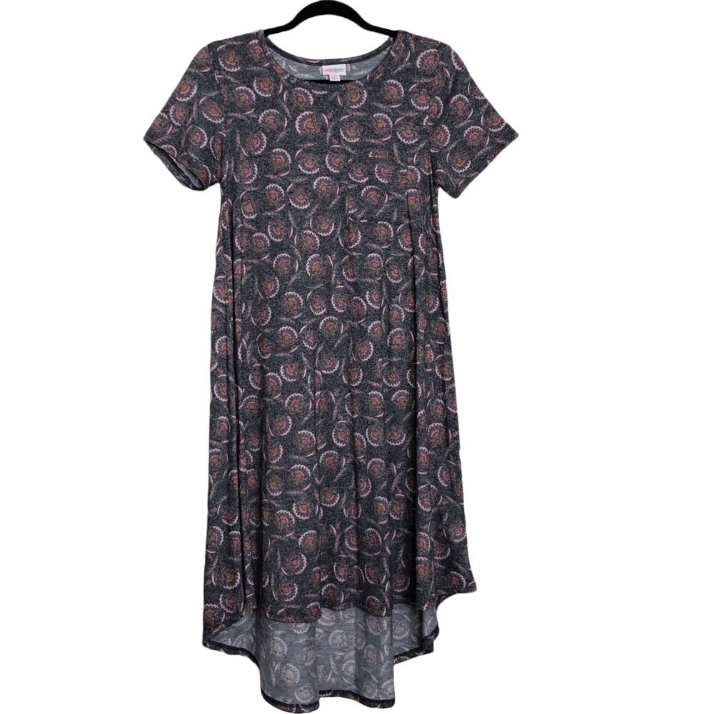 Lularoe Carly Lavender & Purple Floral Dress Charcoal Gray background - Size XXS